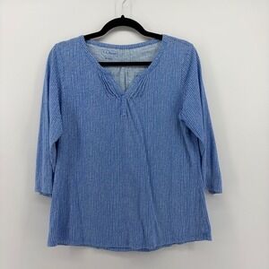 L.L.‎ Bean Blue White Pattern V Neck 3/4 Sleeve Blouse Top Women's Size Medium
